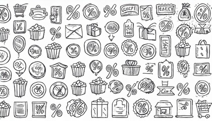 Doodle discount sale icon set. Discount percent, shop sale coupon hand drawn sketch line pen stroke style icon. Special price offer deal sketch doodle drawn collection. perfect any project.