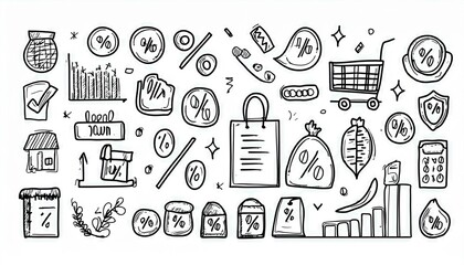Doodle discount sale icon set. Discount percent, shop sale coupon hand drawn sketch line pen stroke style icon. Special price offer deal sketch doodle drawn collection. perfect any project.