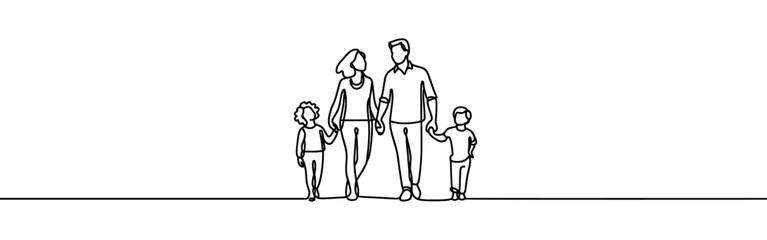 Happy family continuous one line drawing. Parents with their kid in simple linear style. Vector illustration.
