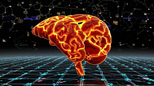  3D-rendered human liver floating in a dark, futuristic space, illuminated by intricate glowing vascular and biliary pathways in shades of neon orange, electric red, and pulsating gold. 