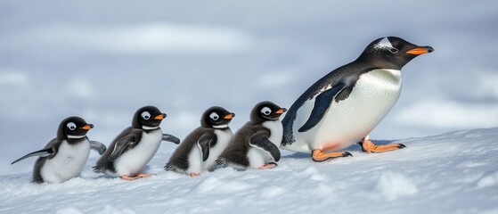 Gentle Parent Penguin Leading Adorable Chicks on Snowy Terrain
