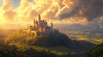 Fototapeta premium Majestic Castle Perched Atop Verdant Hill Under Sunset Sky