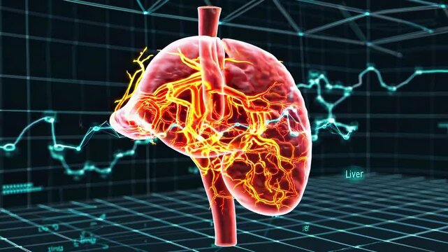  3D-rendered human liver floating in a dark, futuristic space, illuminated by intricate glowing vascular and biliary pathways in shades of neon orange, electric red, and pulsating gold. 