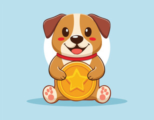 A Cute Dog Holding Gold Coin Cartoon Vector or Animal Finance Icon Concept Isolated.