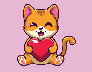 A cute cat with a read heart vector, pet, kitty, love, cute, domestic, animals, feline,