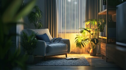 Obraz premium Evening Serenity: A Cozy Living Room bathed in Warm Light