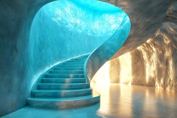 Modern Teal Spiral Staircase in a Stunning Cave Like Interior Design