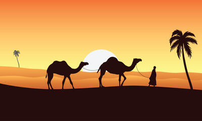 Arab people and camels silhouettes in sands. caravan with camel