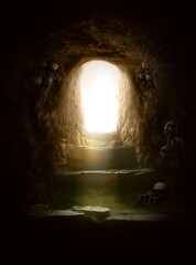 Stone chamber with rugged walls. A bright opening illuminates three uneven, ancient stone steps leading upwards. Human skulls line the sides, some embedded in the walls. Eerie atmoshpere, crypt
