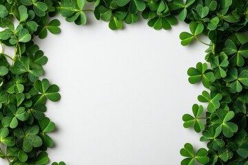 Blank rectangular frame with vibrant shamrocks wrapped around the edges, symbolizing luck, nature, and St Patrick s Day celebrations