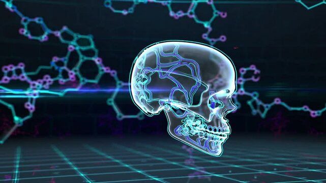 3D-rendered human skeletal system floating in a dark, futuristic space, illuminated by intricate glowing bone structures and joint connections in shades of neon blue, electric white, and pulsating cya