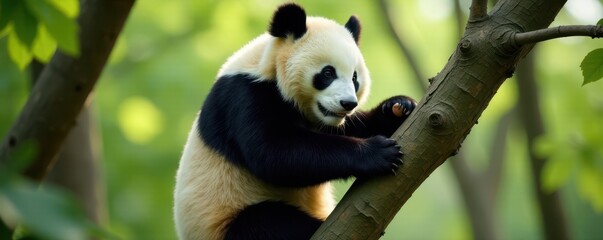 Obraz premium Large panda skillfully climbs thick branches, showing agile movements, tree, claws