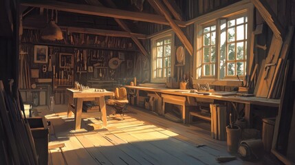 Sunlit Carpenter's Workshop: A Rustic Haven of Craftsmanship