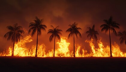 California wildfire at sunset, glowing smoke and flames behind tropical palm trees, eerie atmospheric haze, high-definition photorealism