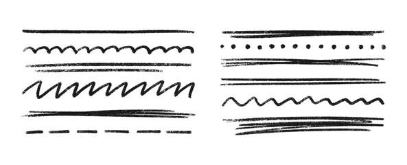 Black crayon underline divider collection - straight lines, dashed marks, wavy borders, dotted rows, zigzag patterns with chalk texture. Hand drawn separator elements for design or text decoration.