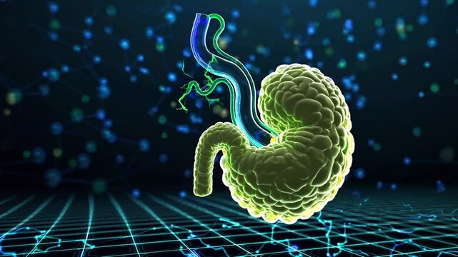 3D-rendered human gallbladder floating in a dark, futuristic space, illuminated by intricate glowing biliary pathways in shades of neon green, electric blue, and pulsating yellow.