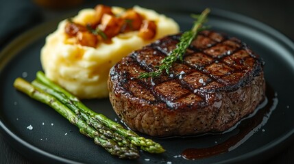 A beautifully plated steak with grilled asparagus and creamy mashed potatoes, drizzled with sauce, showcasing gourmet dining.
