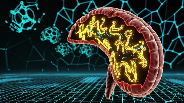 3D-rendered human pancreas floating in a dark, futuristic space, illuminated by intricate glowing endocrine and exocrine pathways in shades of neon gold, electric blue, and pulsating red. 