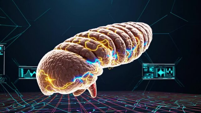  3D-rendered human pancreas floating in a dark, futuristic space, illuminated by intricate glowing endocrine and exocrine pathways in shades of neon gold, electric blue, and pulsating red.