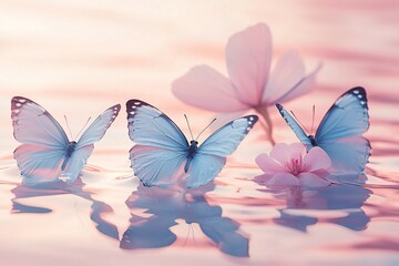 Serene Pastel Blue Butterflies Floating on Calm Water with Pink Flowers