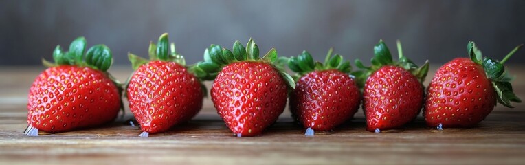 Freshly washed strawberries sit neatly on a wooden table, displaying their rich red color and glistening water droplets. This arrangement highlights the fruit's freshness and appeal