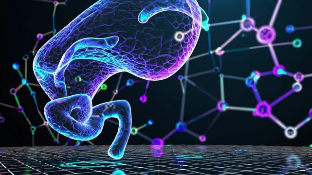 3D-rendered human peritoneum floating in a dark, futuristic space, illuminated by intricate glowing protective and vascular pathways in shades of neon blue, electric purple, and pulsating cyan. 