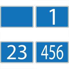 Four blue road signs displaying numbers one, twenty-three, four hundred fifty-six and a blank space, offering customization options