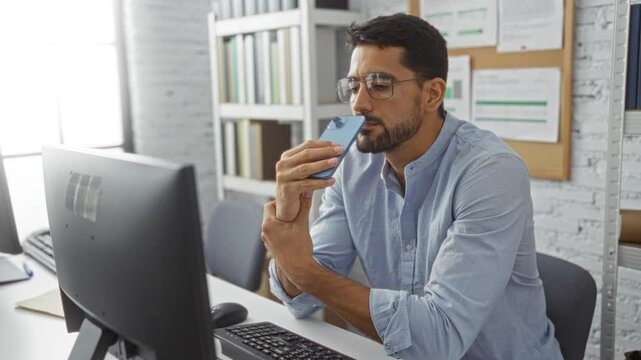 Young man with beard using a smartphone in a modern office setting, wearing glasses and blue shirt, focused on work at a desk with a computer monitor.