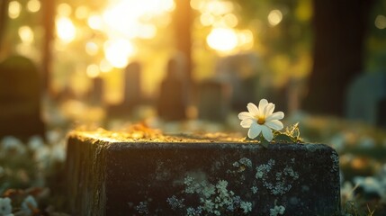 Sunrise at cemetery, flower on grave, peaceful remembrance