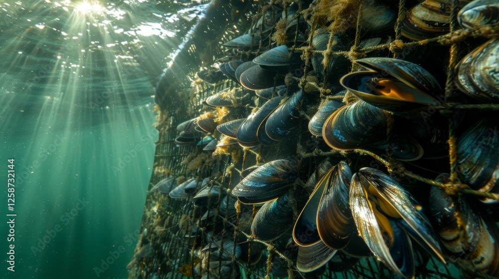 Poster this vibrant underwater setting reveals a mussel farm with clusters of mussels attached to submerged