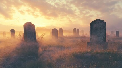 Sunrise over foggy graveyard; peaceful remembrance
