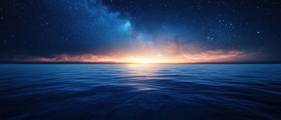 Serene Twilight Over Calm Ocean Waves Beneath Starry Night Sky