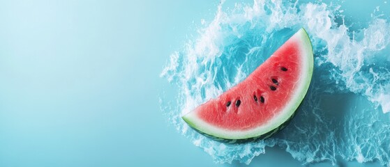 Fresh Watermelon Slice with Splashing Water on Blue Background
