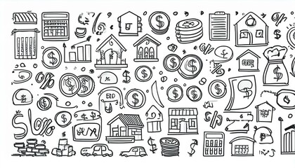 Loan interest rate doodle icon set. Hand drawn sketch doodle line style bank money loan interest rate icon for house, car discount percentage concept. Trendy cute element. perfect any project.