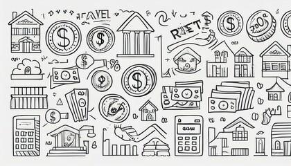 Loan interest rate doodle icon set. Hand drawn sketch doodle line style bank money loan interest rate icon for house, car discount percentage concept. Trendy cute element. perfect any project.