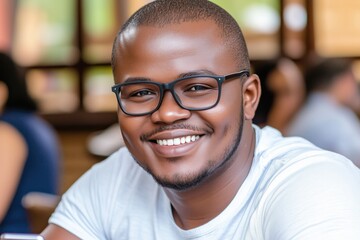 Obraz premium A young man with glasses smiling while relaxing on a couch at home, using his smartphone.