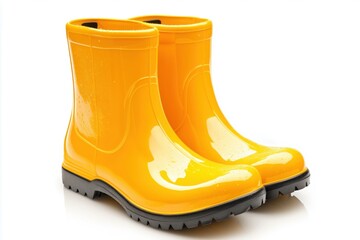 A pair of glossy yellow rubber boots displayed against a white background.
