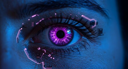 Futuristic Eye with Purple Iris and Tech Interface Overlay Detail