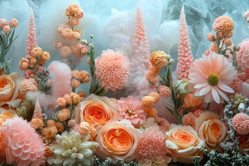 Elegant Peach and Coral Flower Arrangement with Smoke Artistic Floral Design Romantic Bouquet