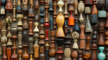Fototapeta premium Vintage Wooden Chess Pieces: A Collection of Carved Wood Artistry