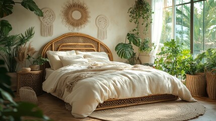 A cozy, bohemian-style bedroom featuring a rattan bed, soft bedding, and lush green plants, bathed in natural light from large windows.