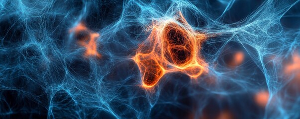 A vibrant visualization of interconnected neural networks, showcasing glowing nodes and intricate patterns in blue and orange hues.