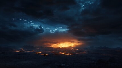 Volcanic eruption during stormy night, fiery lava flows