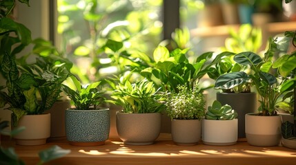 Fototapeta premium A vibrant display of various potted plants basking in sunlight, showcasing lush greenery and diverse foliage in a cozy indoor setting.
