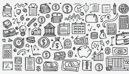 Hand drawn doodle business, money icon set. Finance, money, marketing sketch drawn cute trendy line doodle icon. Business bank, finance calculator, economic goal elements. perfect any project.