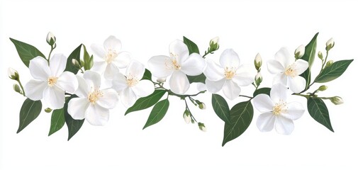 Obraz premium A minimalistic floral arrangement featuring white jasmine flowers in full bloom, with buds and leaves adding a natural and fresh aesthetic
