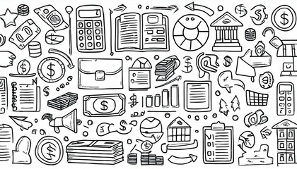 Hand drawn doodle business, money icon set. Finance, money, marketing sketch drawn cute trendy line doodle icon. Business bank, finance calculator, economic goal elements. perfect any project.