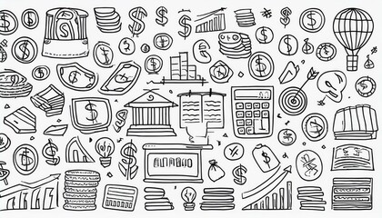 Hand drawn doodle business, money icon set. Finance, money, marketing sketch drawn cute trendy line doodle icon. Business bank, finance calculator, economic goal elements. perfect any project.