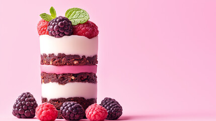 Chocolate berry mousse cake with layers of pink cream, dark chocolate sponge, and fresh raspberries, blackberries on pastel pink background in gourmet dessert presentation