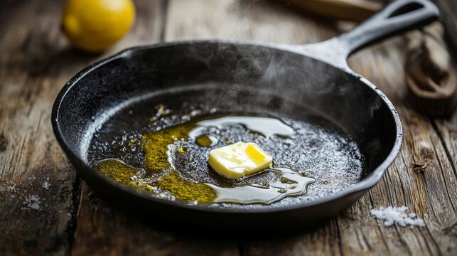 A cast iron skillet with olive oil and half a tablespoon of melting butter. Skillet with melting butter in food preparation.